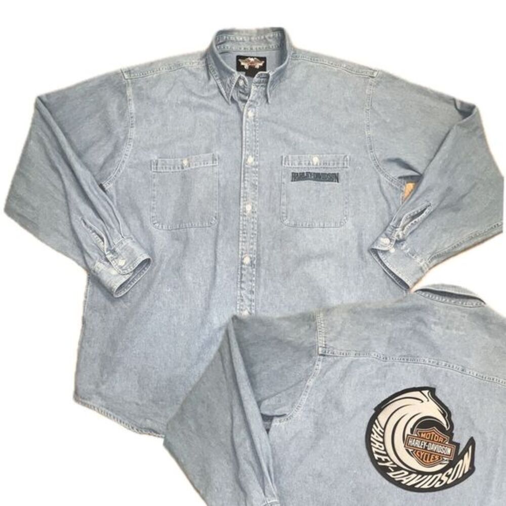 Vintage Men's XXL‎ Harley Davidson denim button up bikercore patch embroidery